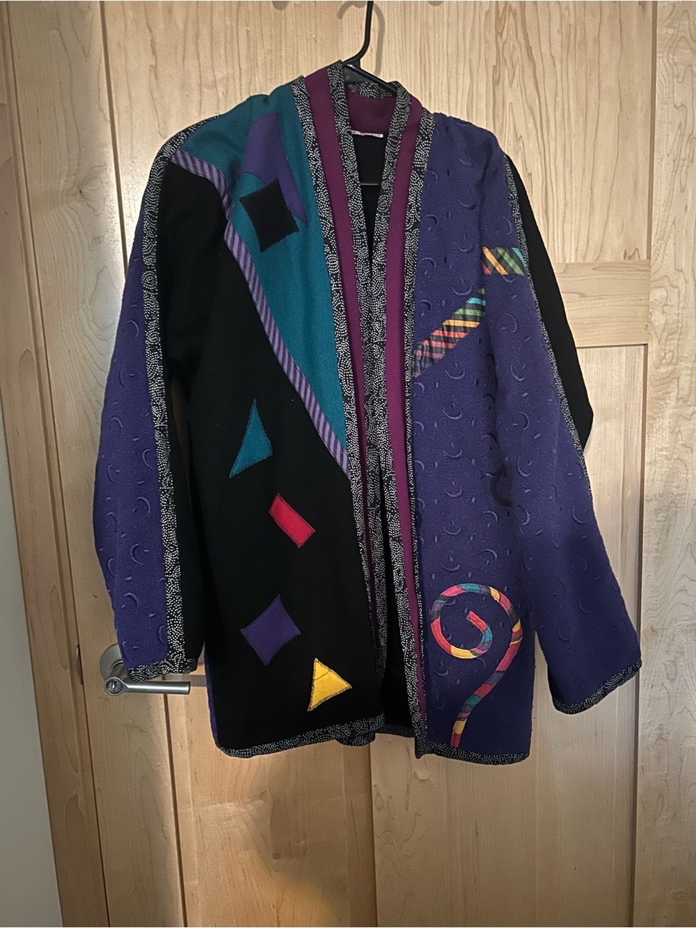 Colorblock Geometric Pattern Blazer Jacket - Purple, Black, Teal